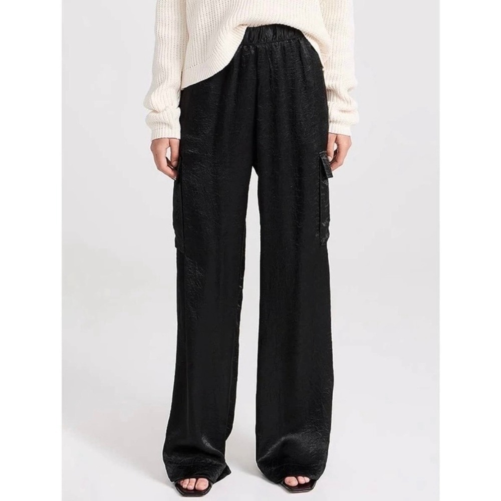 ENZA COSTA Textured Satin Cargo Pants Women Small Black Wide Leg Pull on Luxury - Picture 2 of 16
